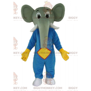 BIGGYMONKEY™ maskotkostume af grå elefant i blåt og gult outfit