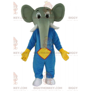 Kostium maskotki szarego słonia BIGGYMONKEY™ w niebiesko-żółtym