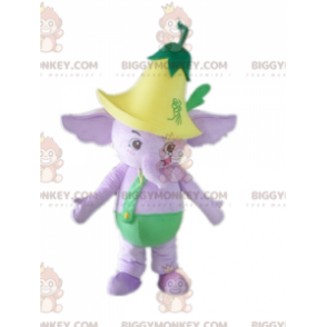 BIGGYMONKEY™ Maskotdräkt Lila elefant i grön outfit med blomma