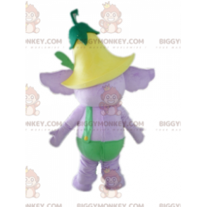 BIGGYMONKEY™ Maskotdräkt Lila elefant i grön outfit med blomma