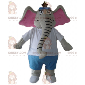 BIGGYMONKEY™ Mascot Costume Gray and Pink Elephant in Blue and