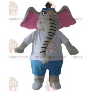 Kostým maskota BIGGYMONKEY™ Šedý a růžový slon v modrobílém