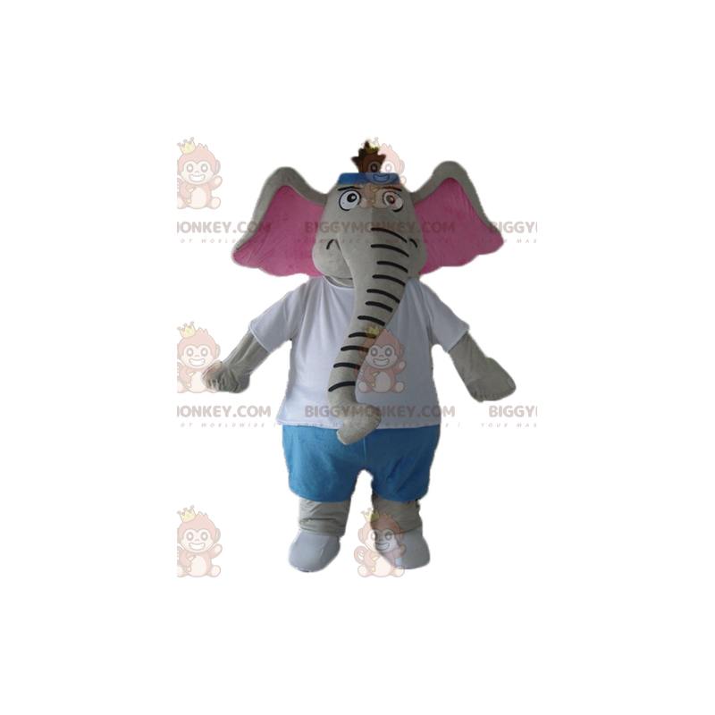 BIGGYMONKEY™ Mascot Costume Gray and Pink Elephant in Blue and