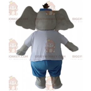 BIGGYMONKEY™ Mascot Costume Gray and Pink Elephant in Blue and