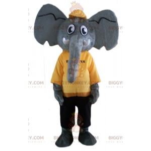 Costume de mascotte BIGGYMONKEY™ d'éléphant gris en tenue jaune