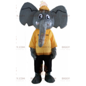 BIGGYMONKEY™ Mascottekostuum van grijze olifant in gele en