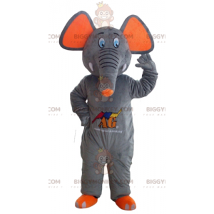 Bonito y colorido disfraz de mascota elefante gris y naranja