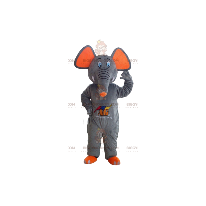 Bonito y colorido disfraz de mascota elefante gris y naranja