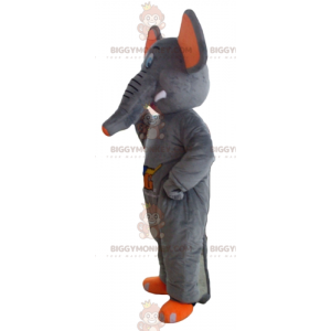 Bonito y colorido disfraz de mascota elefante gris y naranja