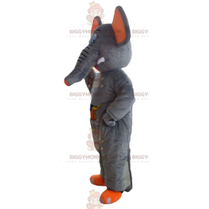 Bonito y colorido disfraz de mascota elefante gris y naranja