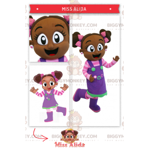 Στολή μασκότ BIGGYMONKEY™ Αφρικανού κοριτσιού με ροζ και μωβ
