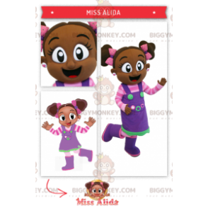 BIGGYMONKEY™ Maskotdräkt för afrikansk flicka i rosa och lila
