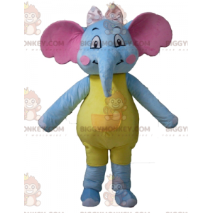 Verleidelijk en kleurrijk blauw, geel en roze olifant