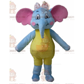 Verleidelijk en kleurrijk blauw, geel en roze olifant