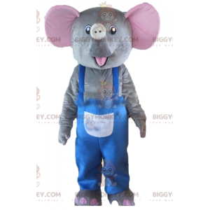 BIGGYMONKEY™ Maskotdräkt Grå och rosa elefant med blå overall -