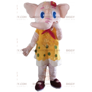 Costume de mascotte BIGGYMONKEY™ d'éléphant rose en robe jaune