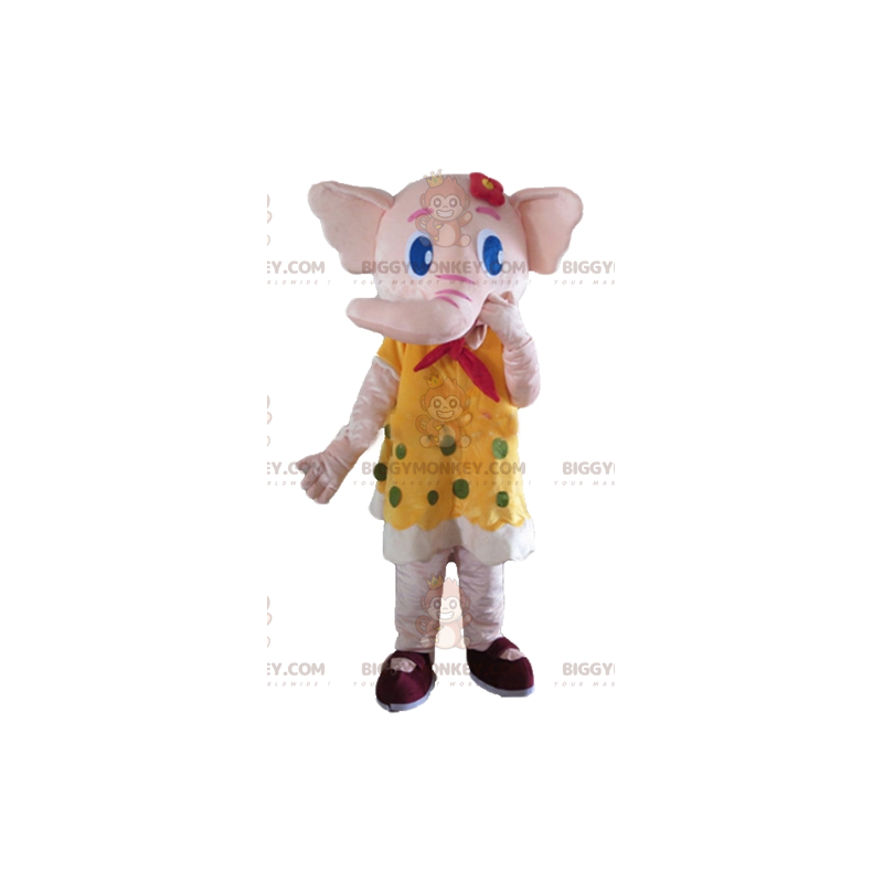 BIGGYMONKEY™ Mascot Costume of Pink Elephant in Yellow Dress