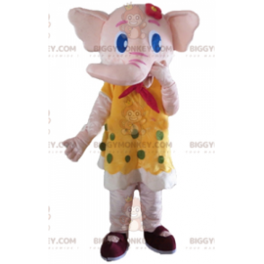 BIGGYMONKEY™ maskotdräkt av rosa elefant i gul klänning med