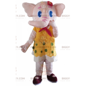 Costume de mascotte BIGGYMONKEY™ d'éléphant rose en robe jaune