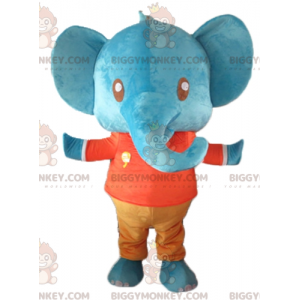 BIGGYMONKEY™ maskotkostume kæmpe blå elefant i rødt og orange