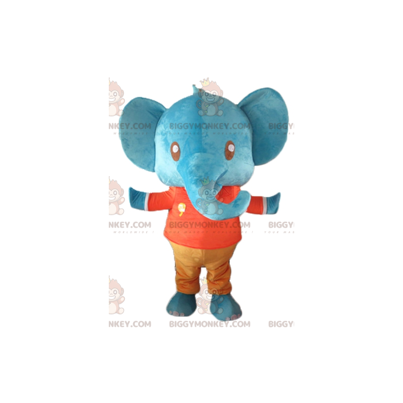 Biggymonkey Mascot Costume Giant Blue Elephant in Red and Orange Outfit