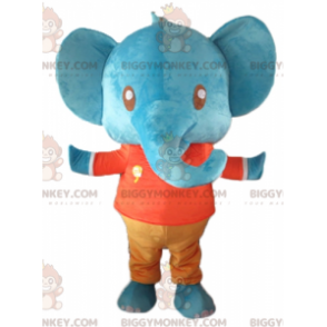 BIGGYMONKEY™ Maskotdräkt Jätteblå elefant i röd och orange