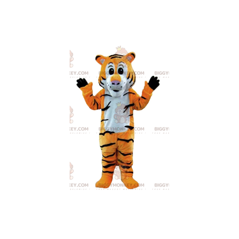Kostium maskotka pomarańczowy tygrys w biało-czarne paski