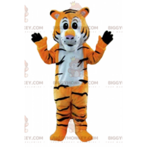 Traje de mascote de tigre listrado laranja branco e preto