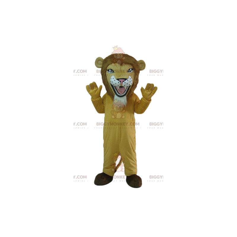 Traje de mascote de leão bege tigre de aparência feroz