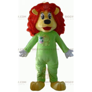 BIGGYMONKEY™ Maskotdräkt Gul & Röd Lejon med grön Jumpsuit -