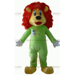 BIGGYMONKEY™ Maskotdräkt Gul & Röd Lejon med grön Jumpsuit -