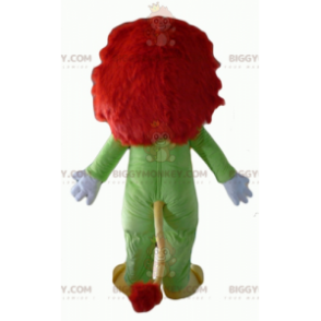 BIGGYMONKEY™ maskotkostume gul og rød løve med grøn jumpsuit -