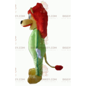 BIGGYMONKEY™ maskotkostume gul og rød løve med grøn jumpsuit -