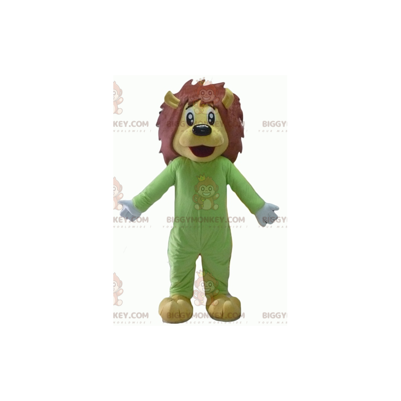 BIGGYMONKEY™ maskotkostume af gul og brun løve i grøn jumpsuit