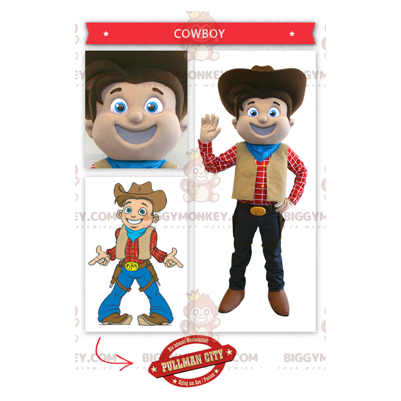 Costume de mascotte BIGGYMONKEY™ de cow-boy souriant -