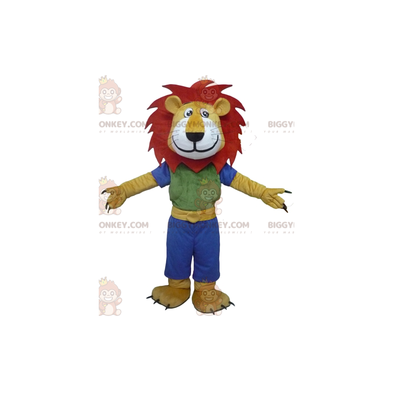 Costume de mascotte BIGGYMONKEY™ de lion jaune blanc et rouge