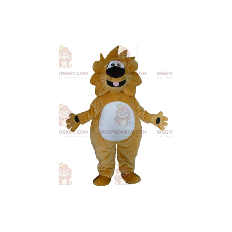 Traje de mascote engraçado e amigável de leão amarelo e branco