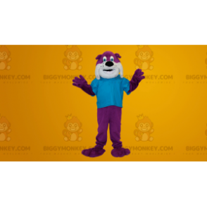 Traje de mascote BIGGYMONKEY™ cão buldogue roxo e branco –