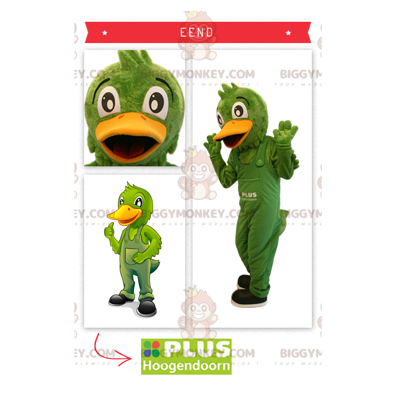 Costume de mascotte BIGGYMONKEY™ de canard vert en salopette -