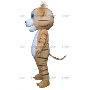 Traje de mascote de gato de olhos azuis marrom e tigre branco