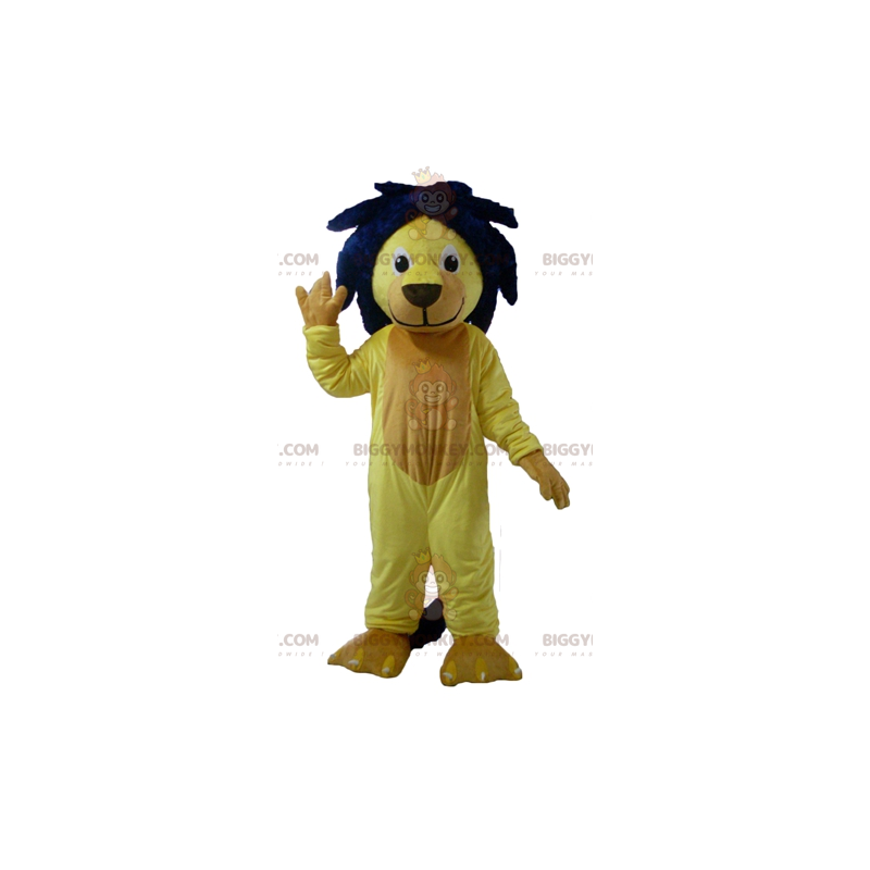 BIGGYMONKEY™ maskottiasu Keltainen leijona sinisellä harjalla -