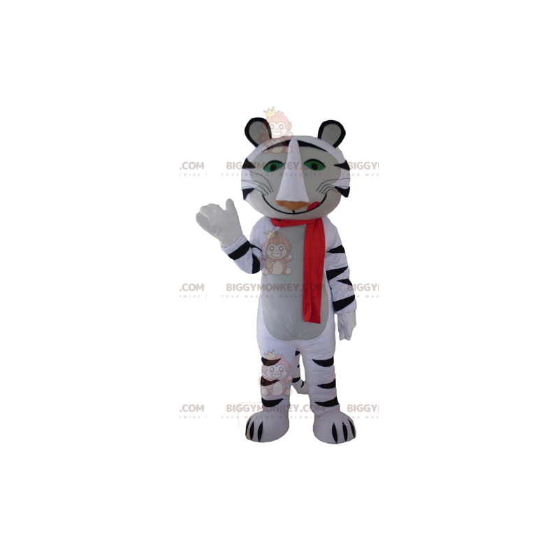 Kostým maskota BIGGYMONKEY™ Bílý a Černý tygr s červeným šátkem