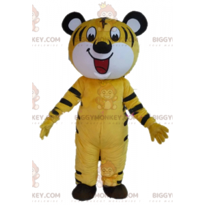 Mycket leende gul vit och svart tiger BIGGYMONKEY™ maskotdräkt