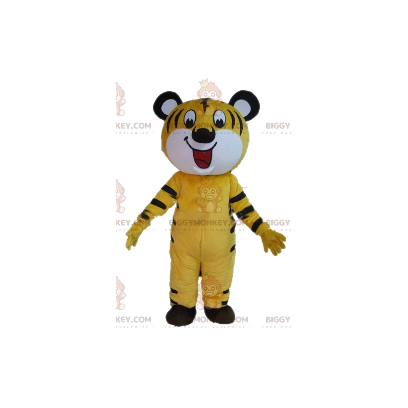 Πολύ χαμογελαστό Κίτρινο Λευκό και Μαύρο κοστούμι μασκότ Tiger