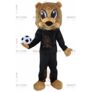 BIGGYMONKEY™ Maskotdräkt Brunt lejon i svart sportkläder med