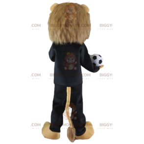 BIGGYMONKEY™ maskotkostume Brun løve i sort sportstøj med bold