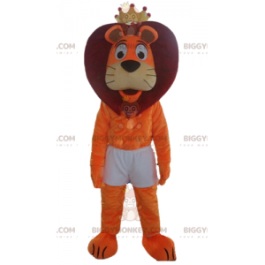 Traje de mascote BIGGYMONKEY™ Leão laranja e vermelho em shorts