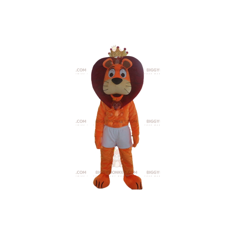 BIGGYMONKEY™ Maskotdräkt Orange & Red Lion i shorts med krona -