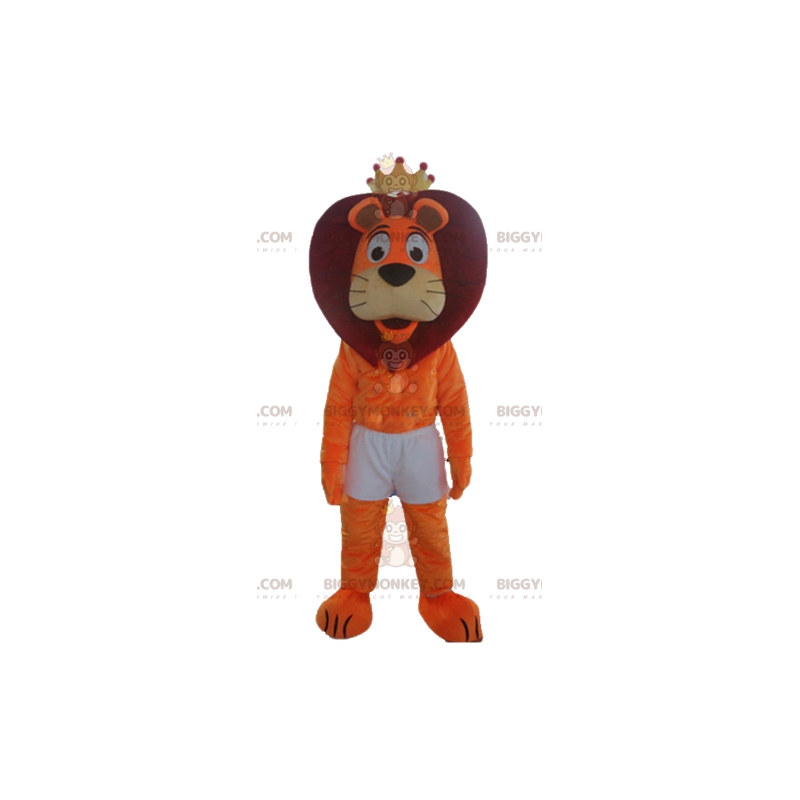 Traje de mascote BIGGYMONKEY™ Leão laranja e vermelho em shorts