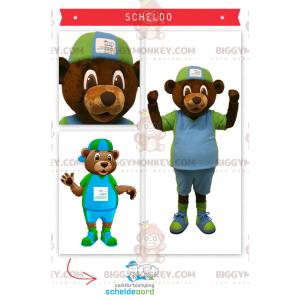 Traje de mascote BIGGYMONKEY™ de urso pardo em traje verde e